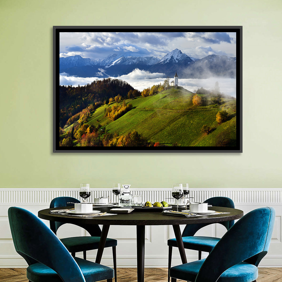 Jamnik Church on Misty Hill Wall Art in a room, landscape