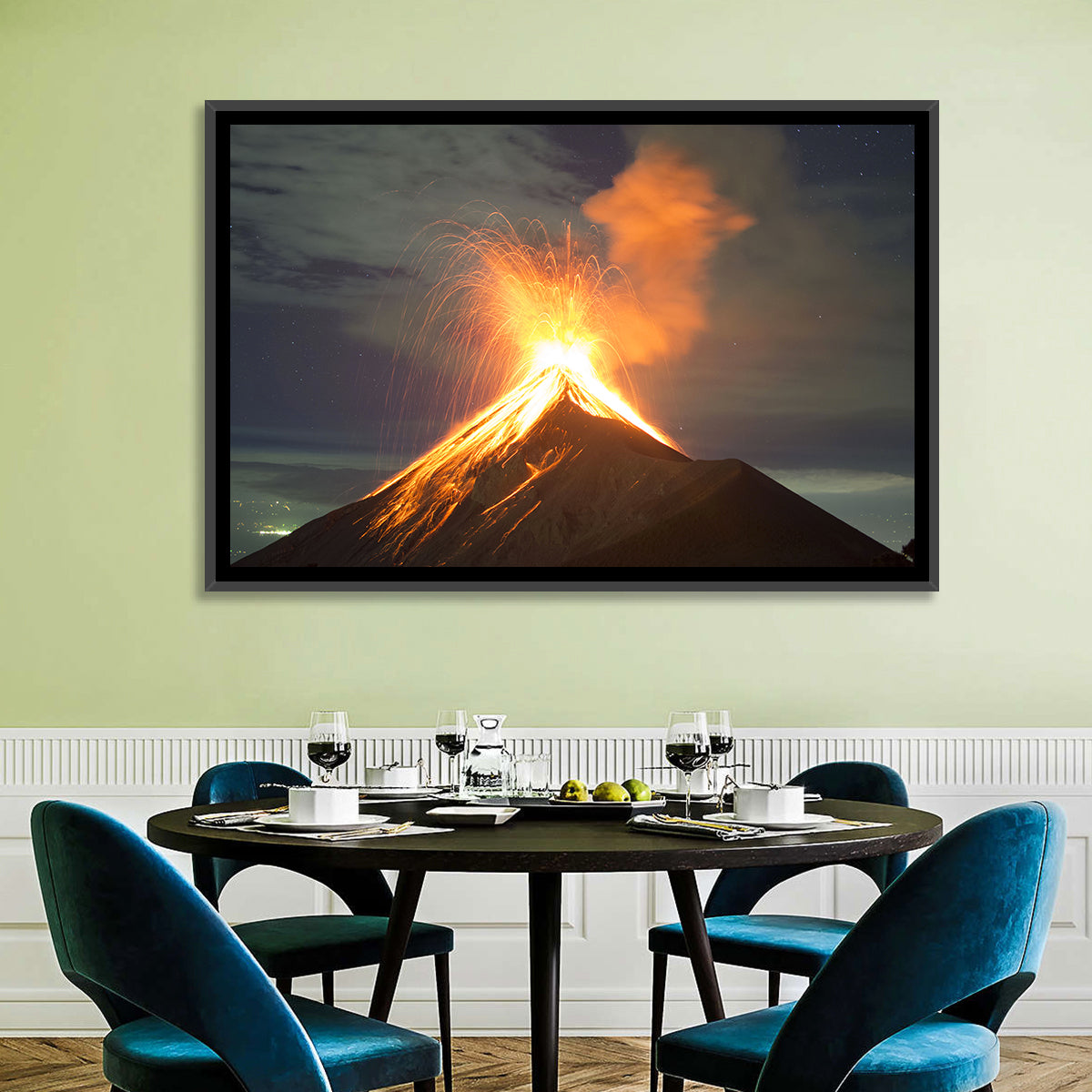 Starry Night Volcano Eruption Wall Art in a room, landscape