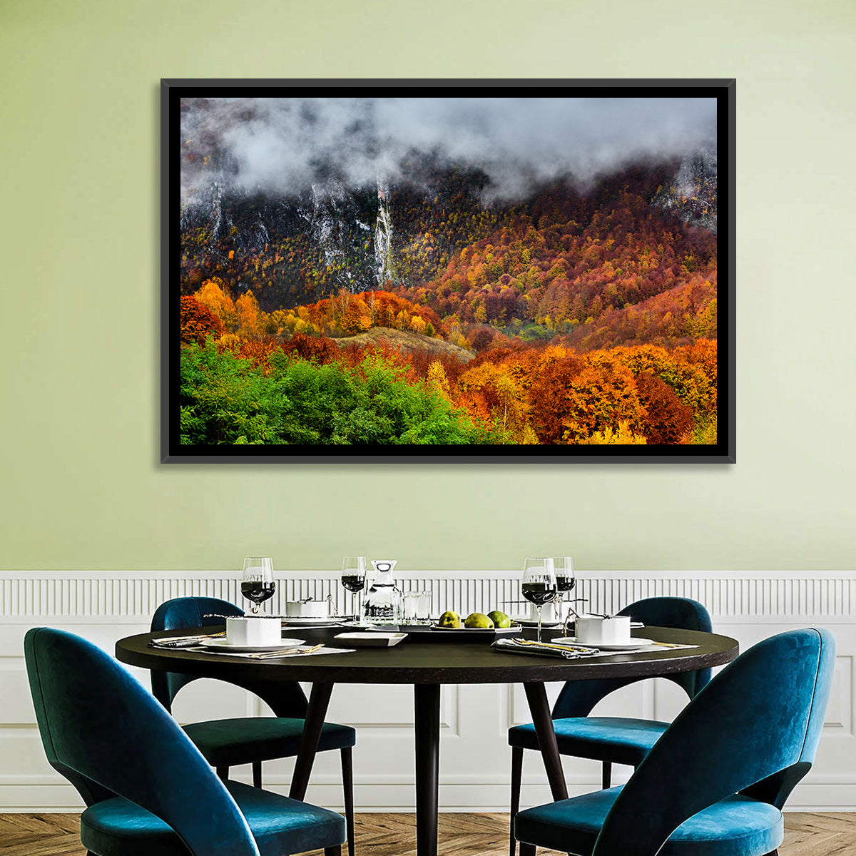 Misty Carpathian Autumn Wall Art in a room, landscape