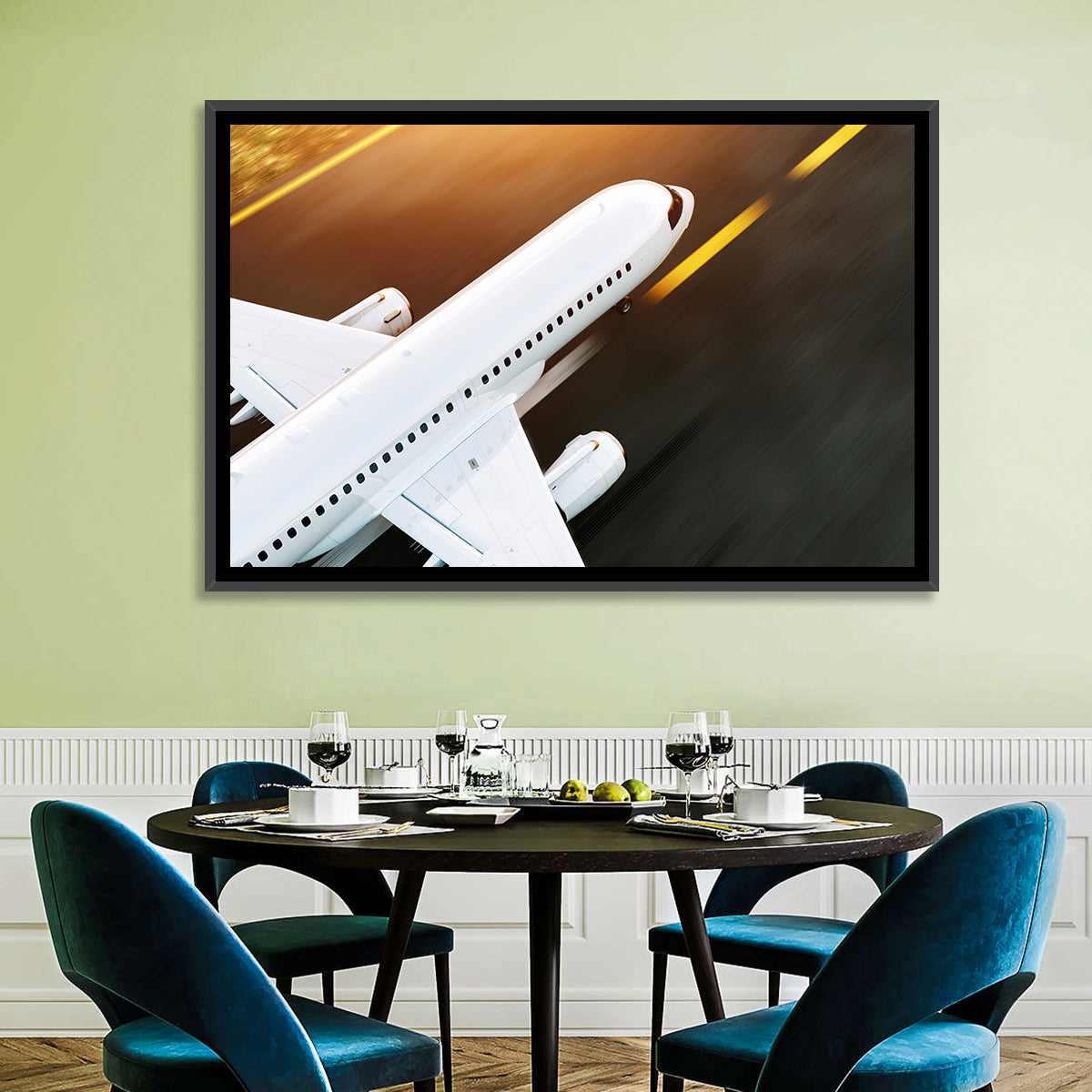 Commercial Jet Takeoff at Sunset Wall Art in a room, landscape