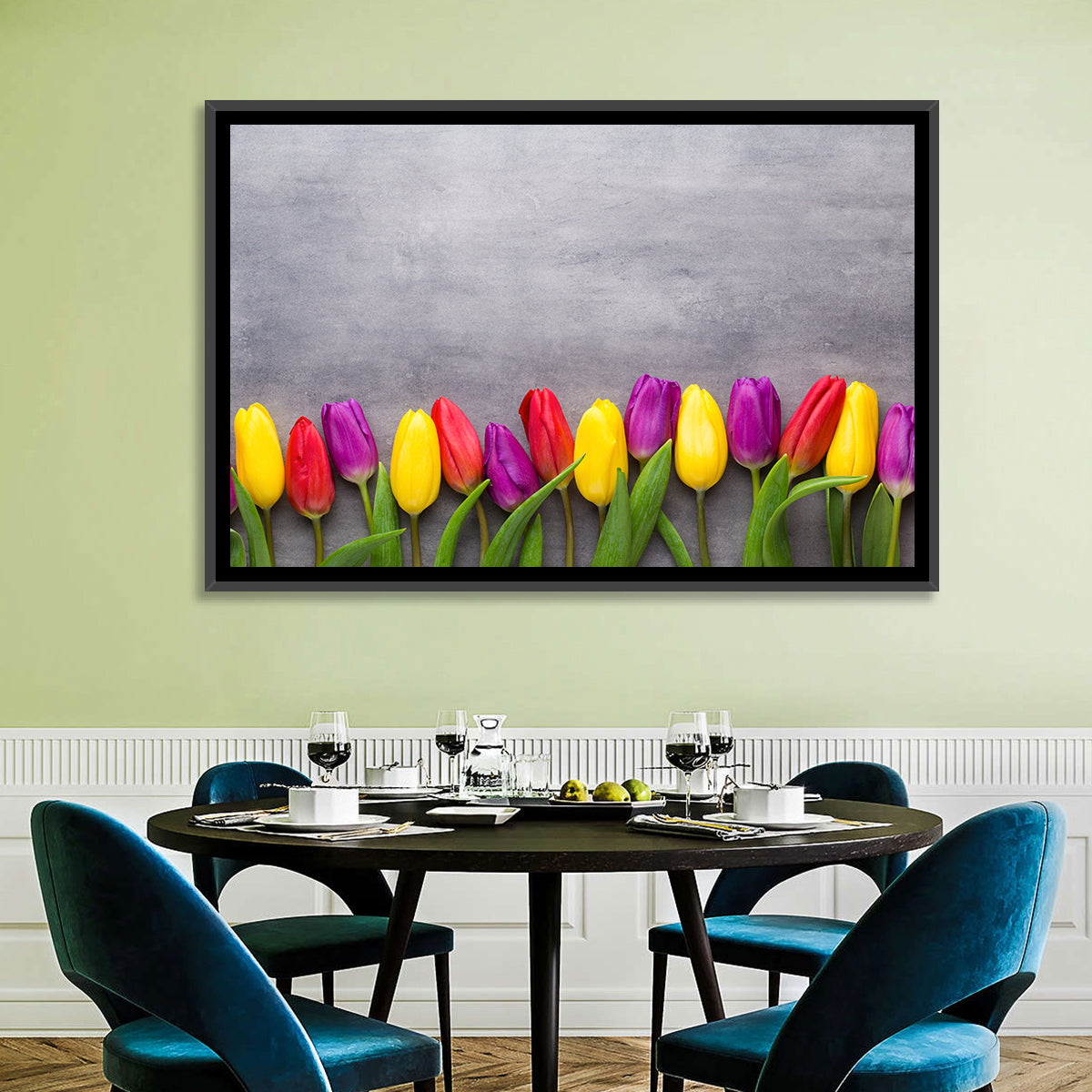 Row of Multicolored Tulips Wall Art in a room, landscape