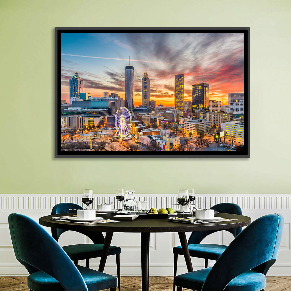 Atlanta Skyline with Skyview Wheel Wall Art in a room, landscape