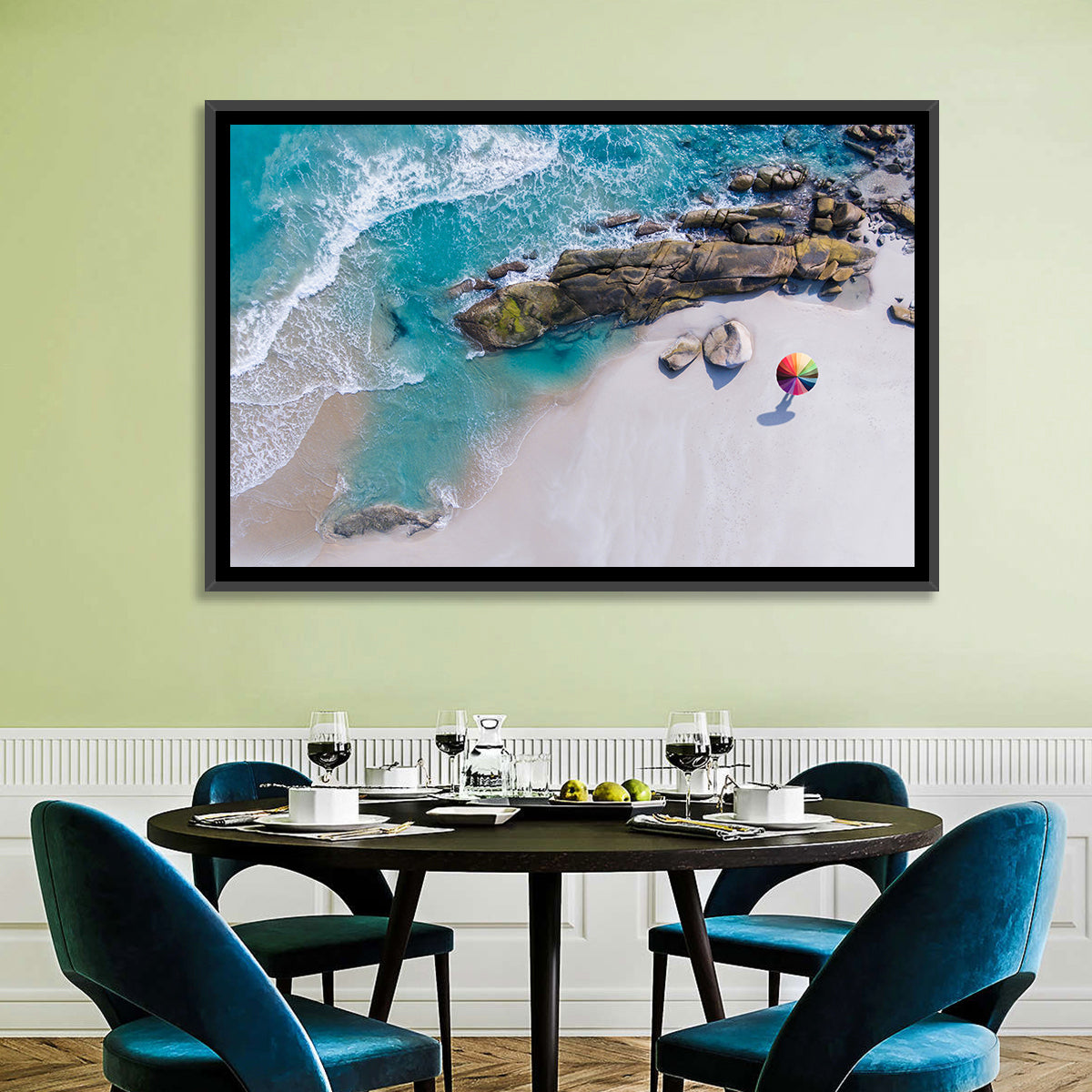 Aerial Beach with Rainbow Umbrella Wall Art in a room, landscape