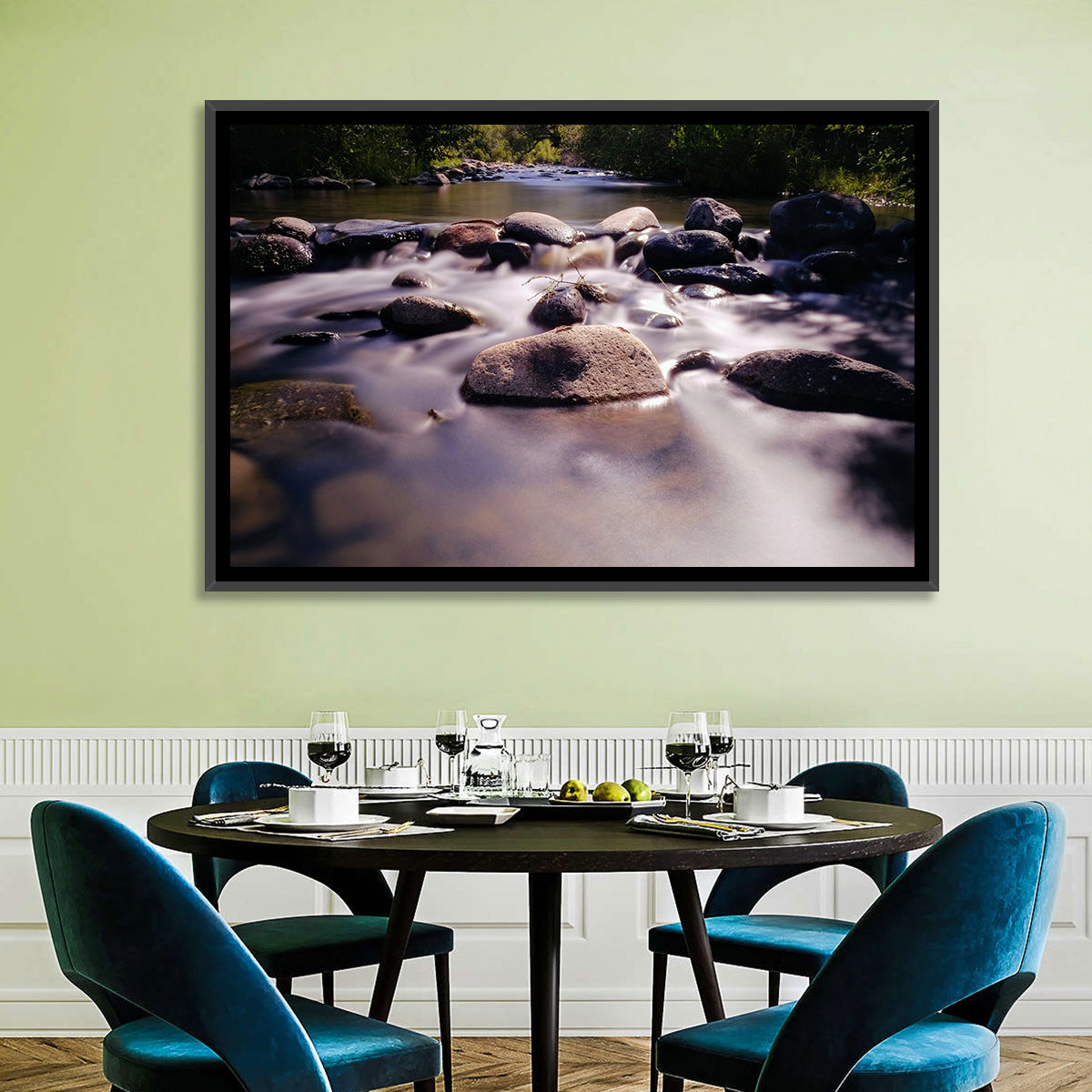 Truckee River Sunlit Rocks Wall Art in a room, landscape