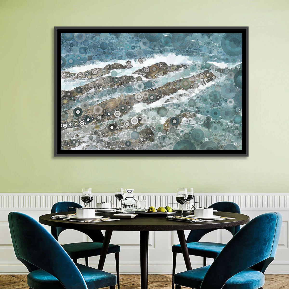 Teal Mosaic Ocean Wave Wall Art in a room, landscape
