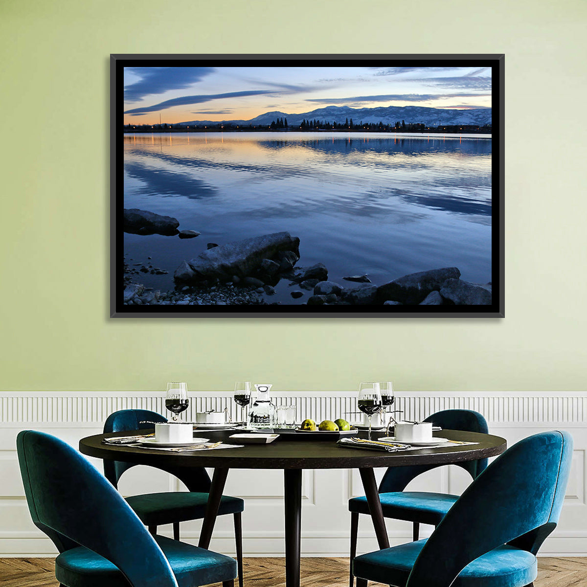 Sparks Marina Twilight Reflection Wall Art in a room, landscape