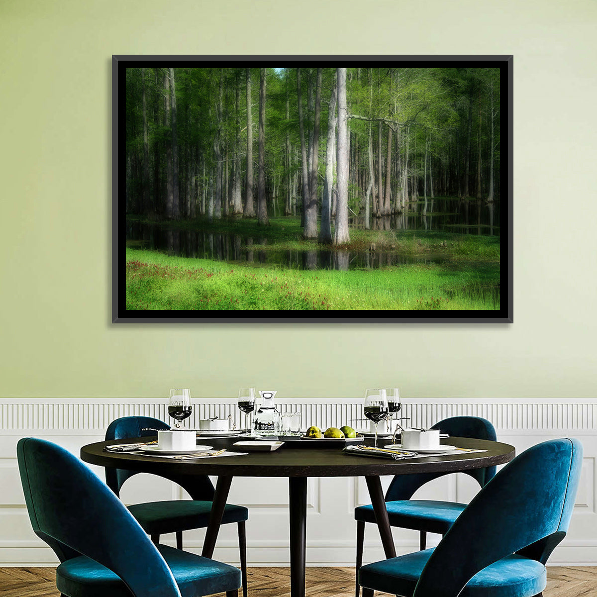 Lush Cypress Swamp Wall Art in a room, landscape