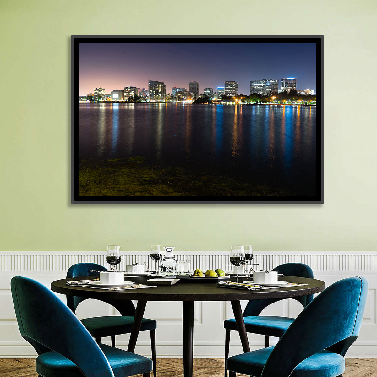 Oakland Skyline Over Lake Merritt Wall Art in a room, landscape