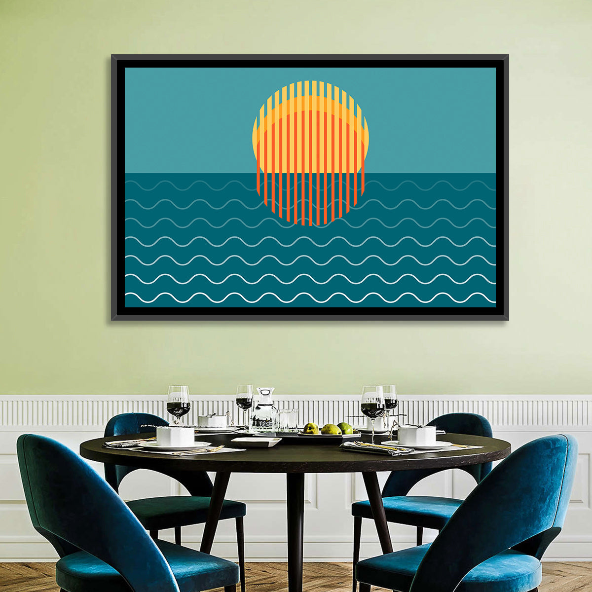 Teal Ocean Sunset Illustration Wall Art in a room, landscape