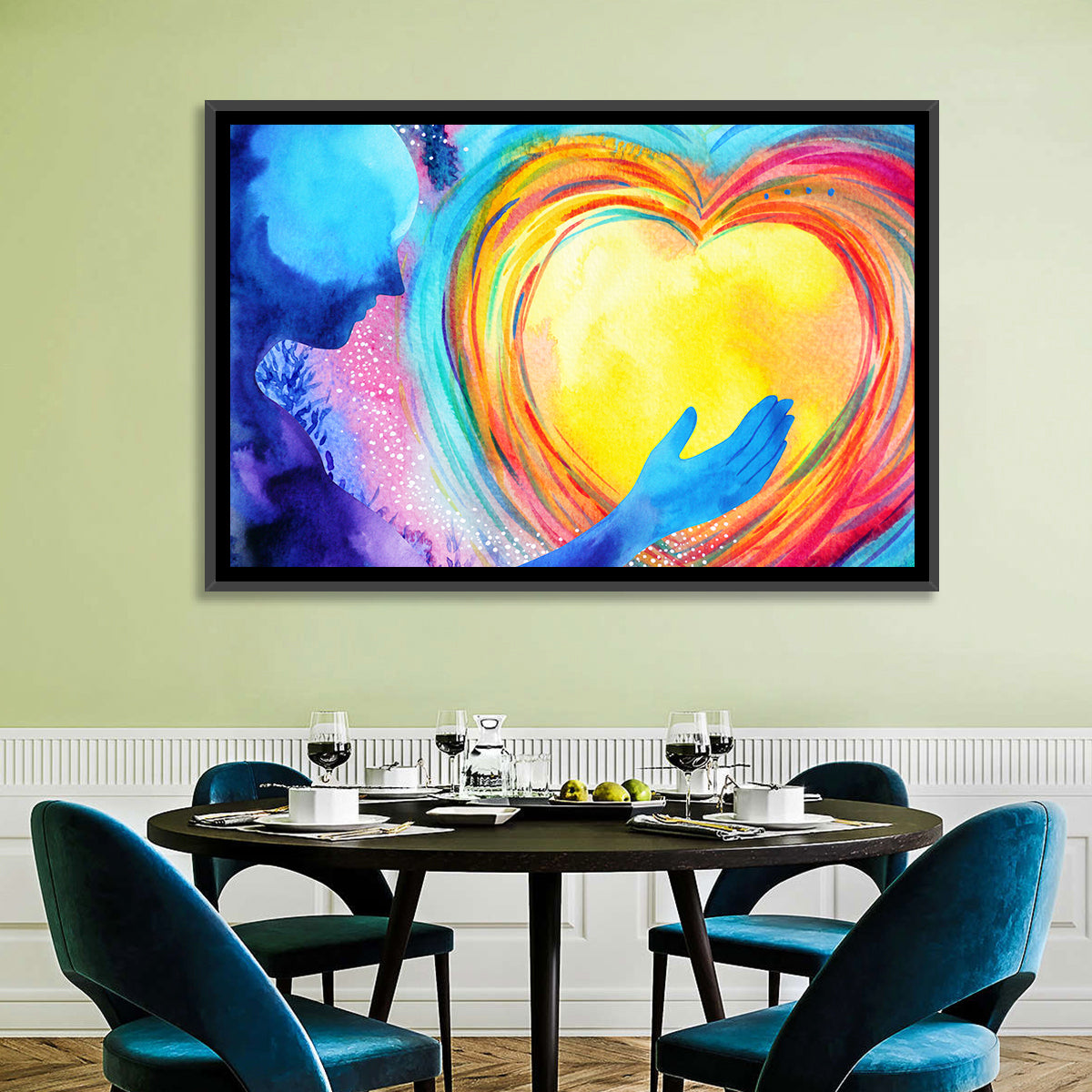 Blue Silhouette with Radiant Heart Wall Art in a room, landscape