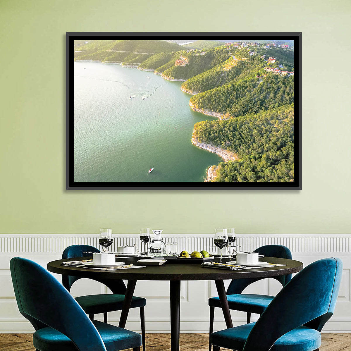 Lake Travis Aerial View Wall Art in a room, landscape