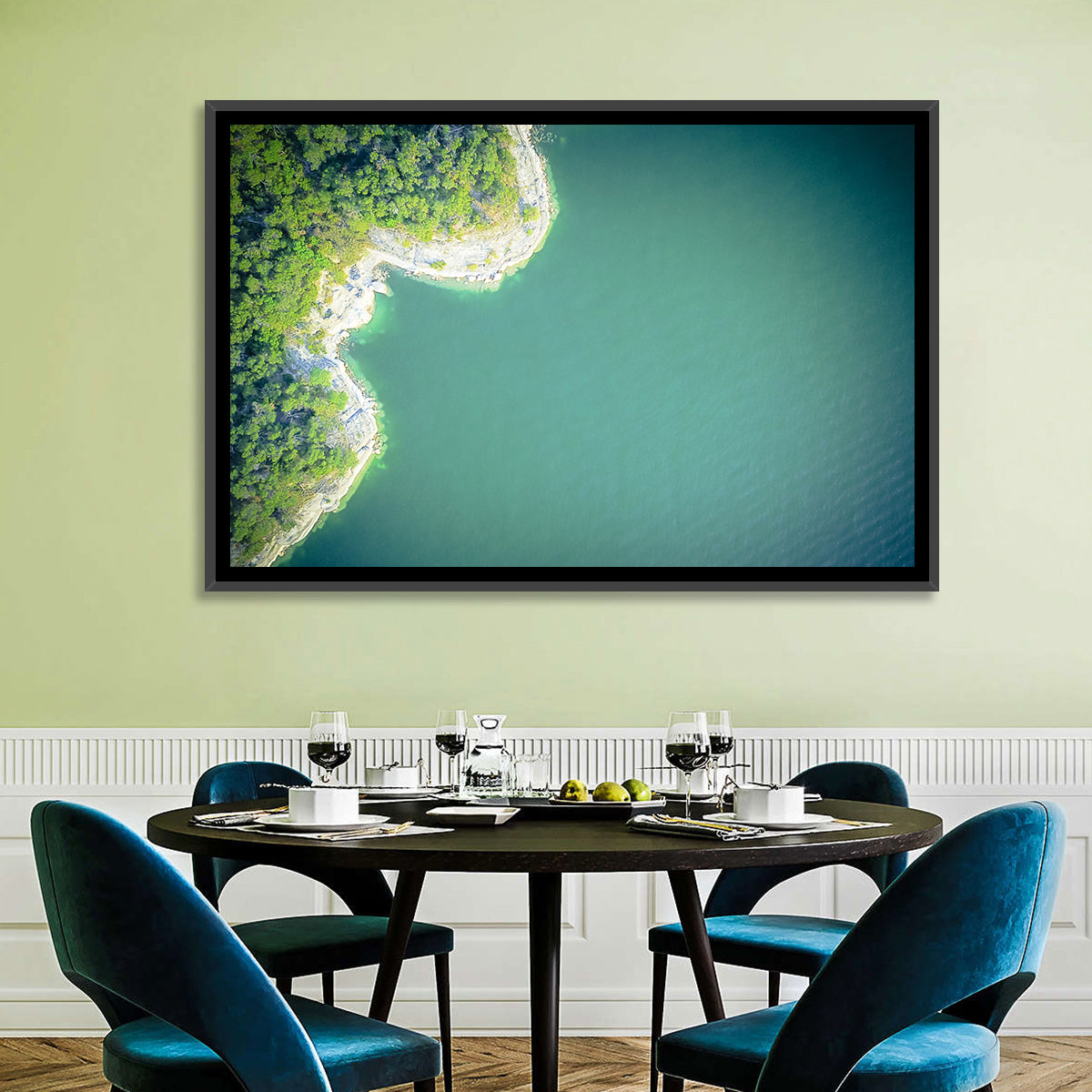 L-shaped Coastline Over Teal Lake Wall Art in a room, landscape