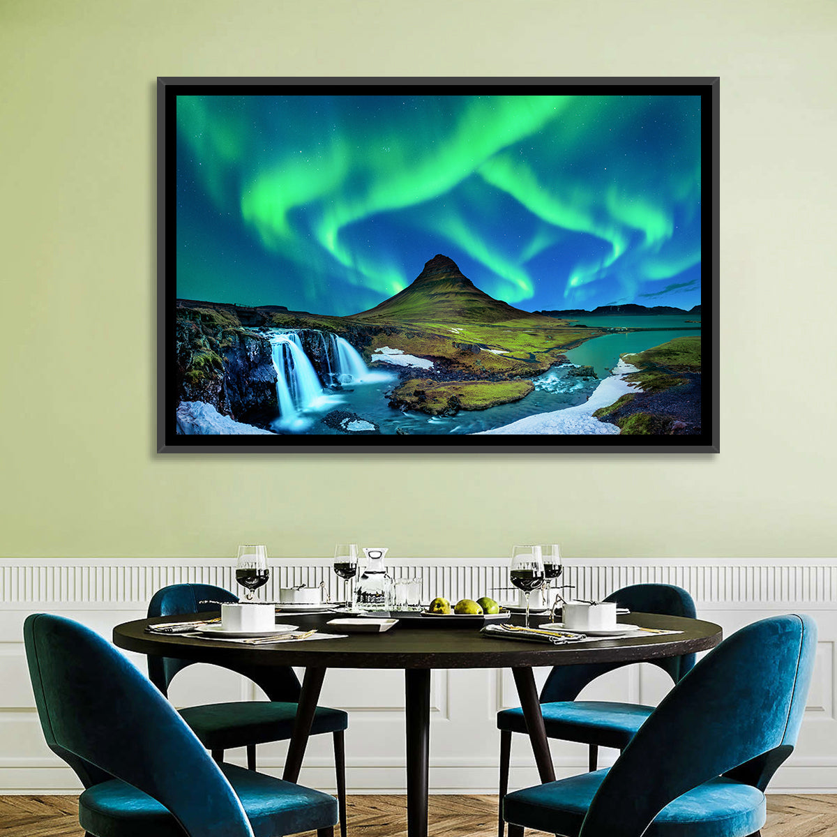 Kirkjufell Northern Lights Wall Art in a room, landscape