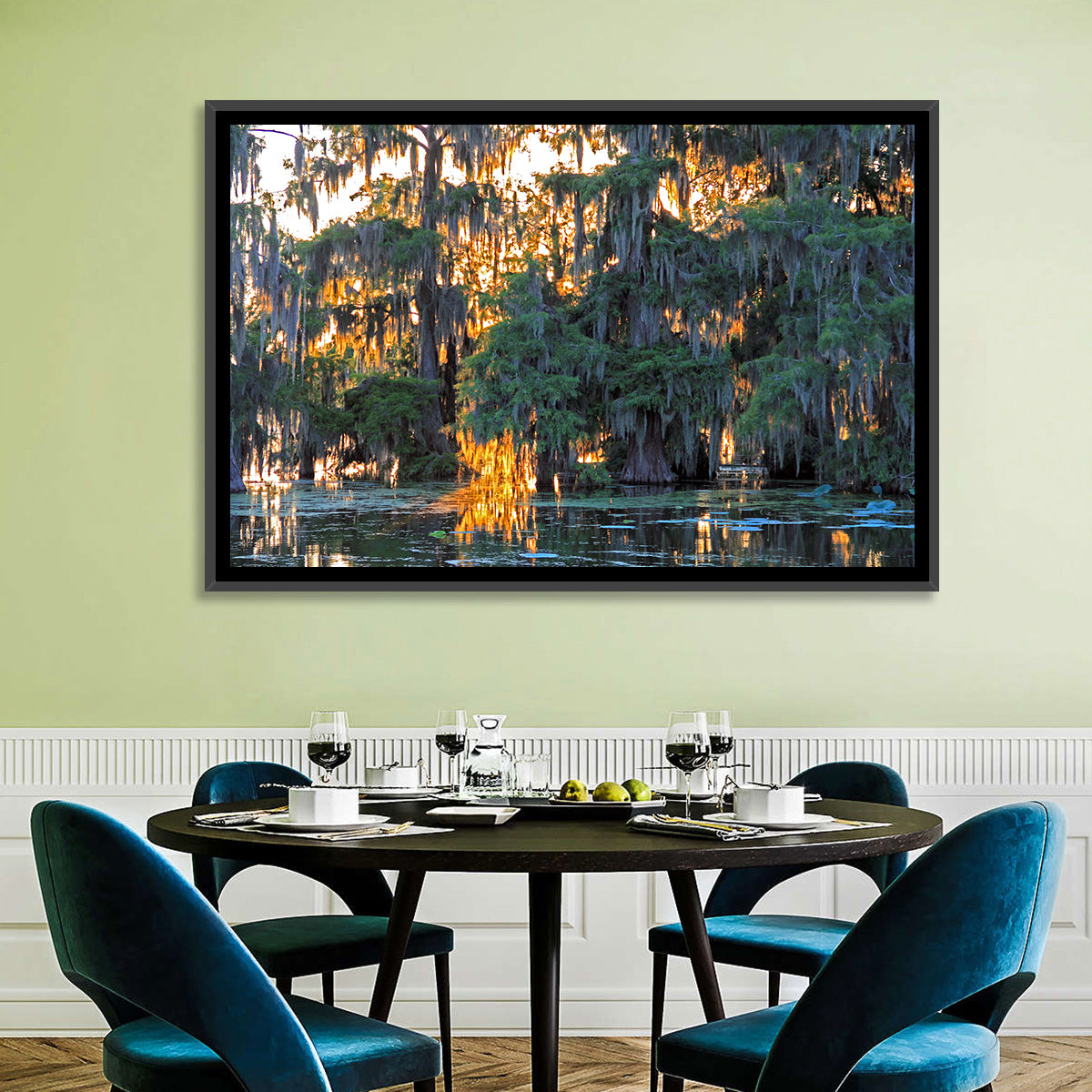 Lake Martin Cypress Reflection Wall Art in a room, landscape
