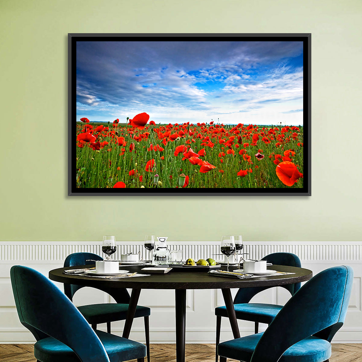 Red Poppy Field Wall Art in a room, landscape