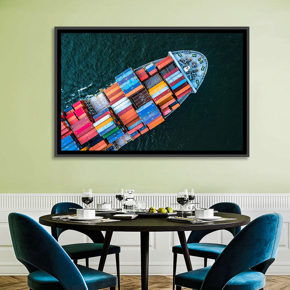 Container Ship Aerial View Wall Art in a room, landscape