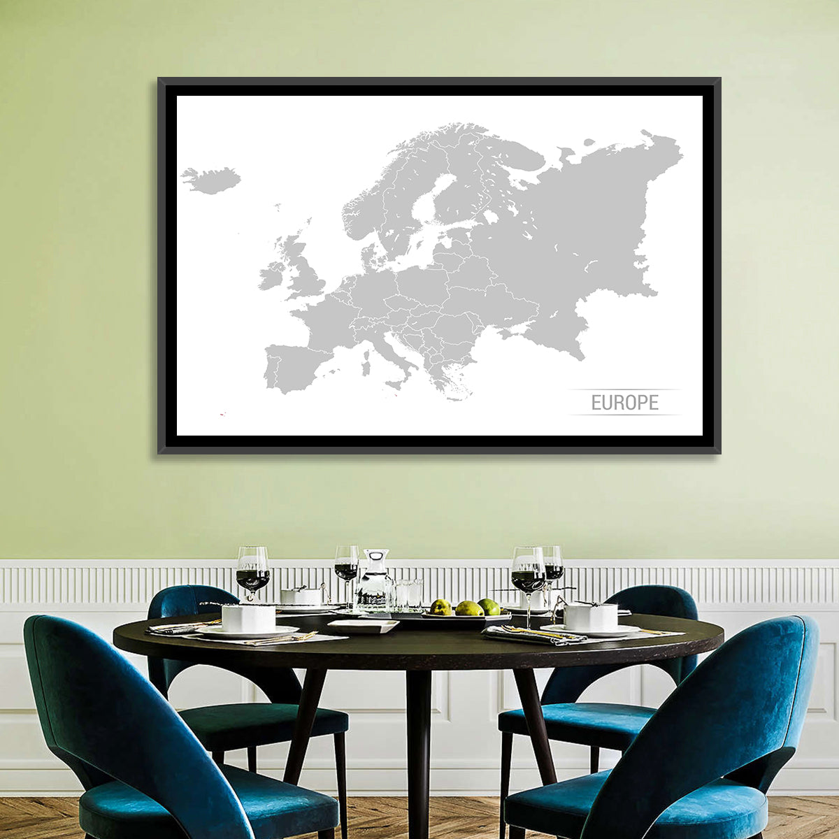 Gray Europe Outline Map Wall Art in a room, landscape