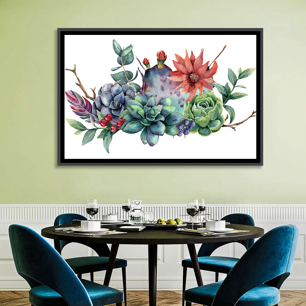 Succulent and Cactus Bouquet Wall Art in a room, landscape