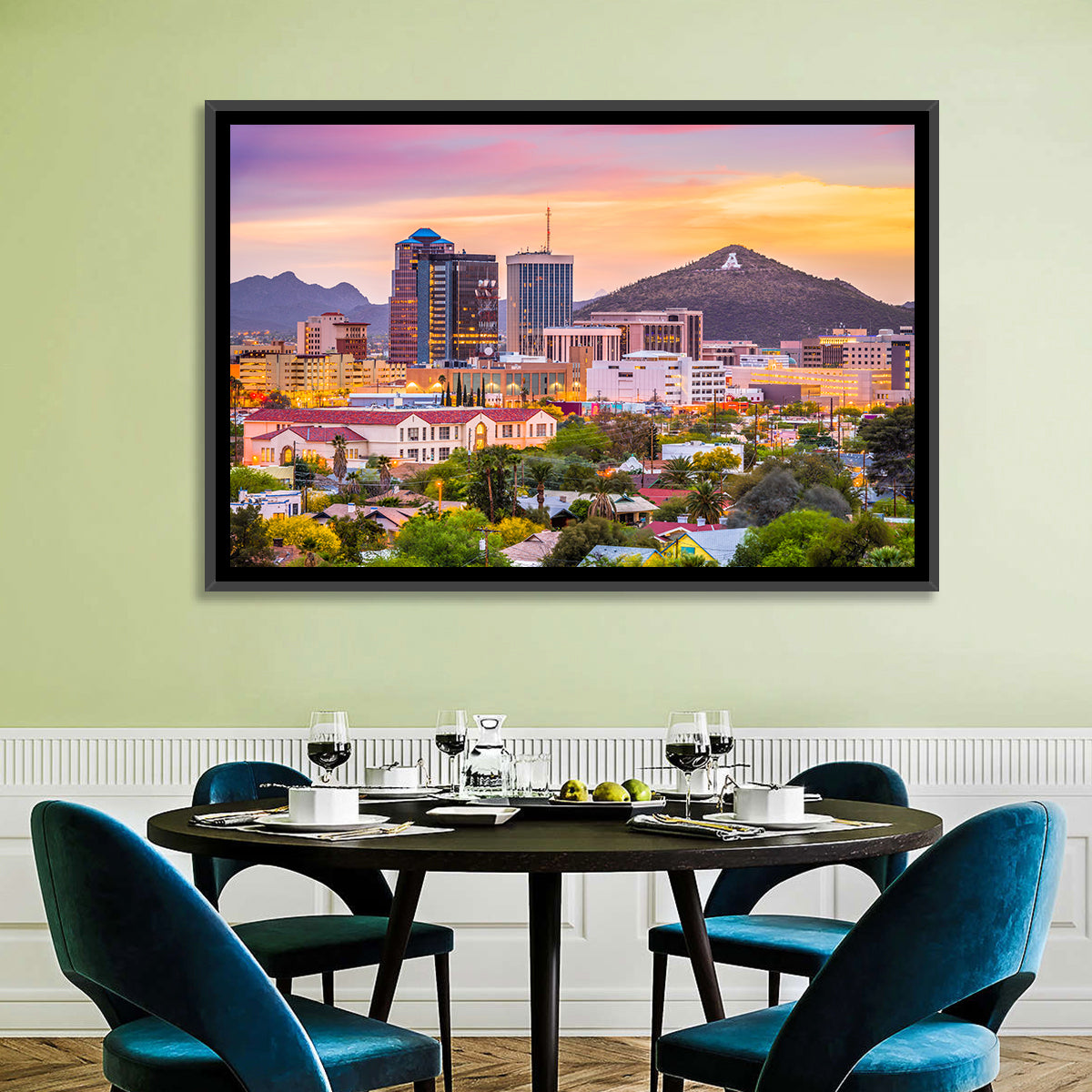 Tucson Skyline at Golden Hour Wall Art in a room, landscape