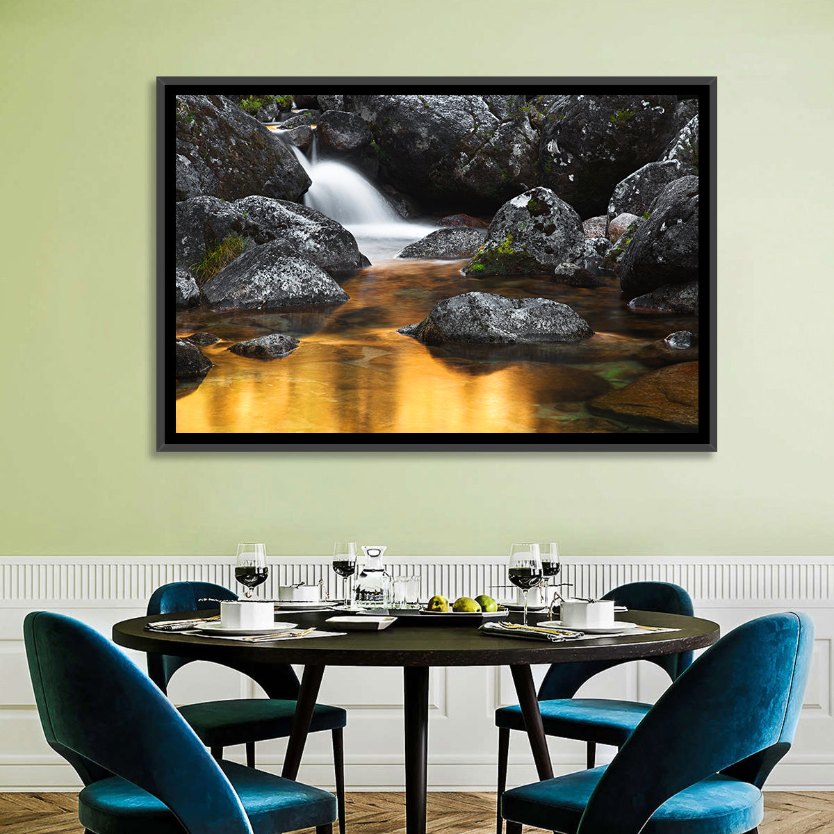 Golden Stream Waterfall Wall Art in a room, landscape