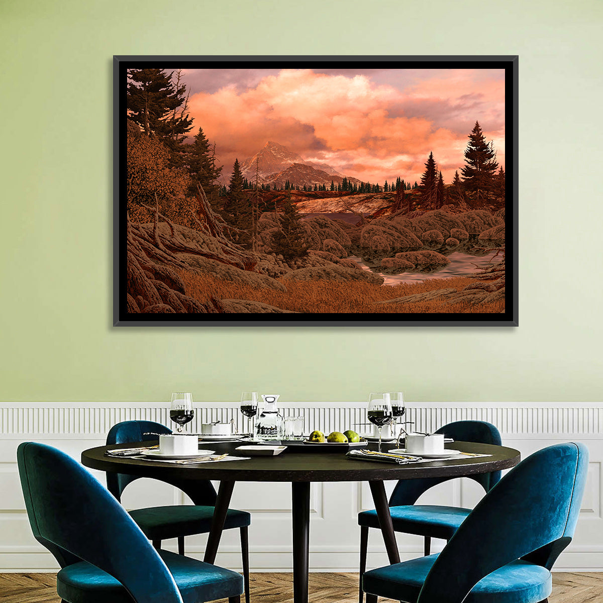 Rocky Mountain Lake at Dusk Wall Art in a room, landscape