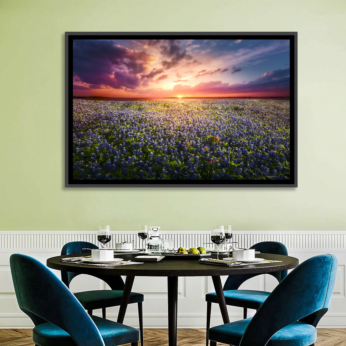 Texas Bluebonnet Sunset Wall Art in a room, landscape