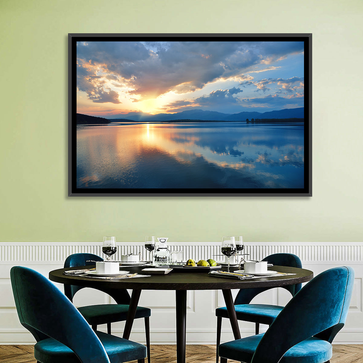 Golden Hour Lake Reflection Wall Art in a room, landscape