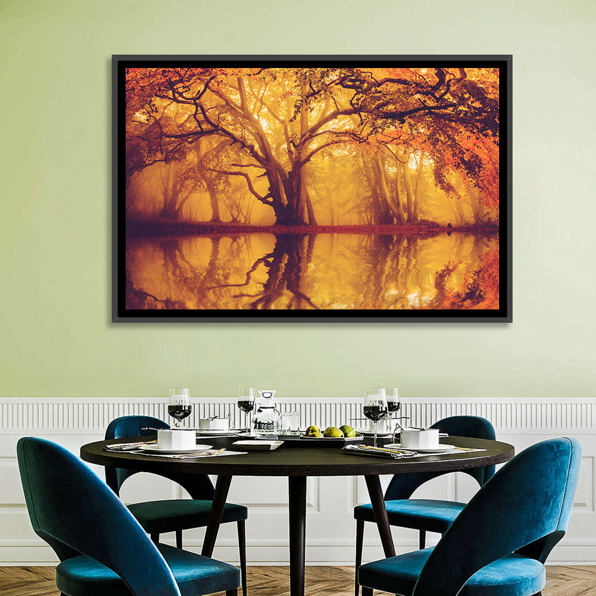 Golden Mist Forest Reflection Wall Art in a room, landscape