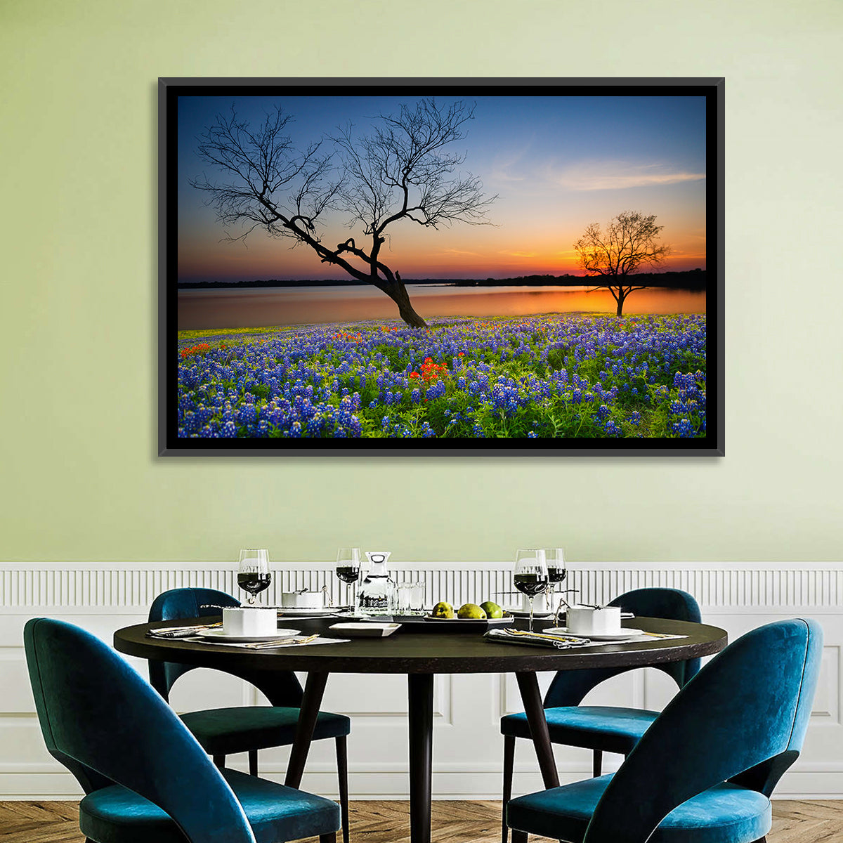Texas Bluebonnet Sunset Wall Art in a room, landscape