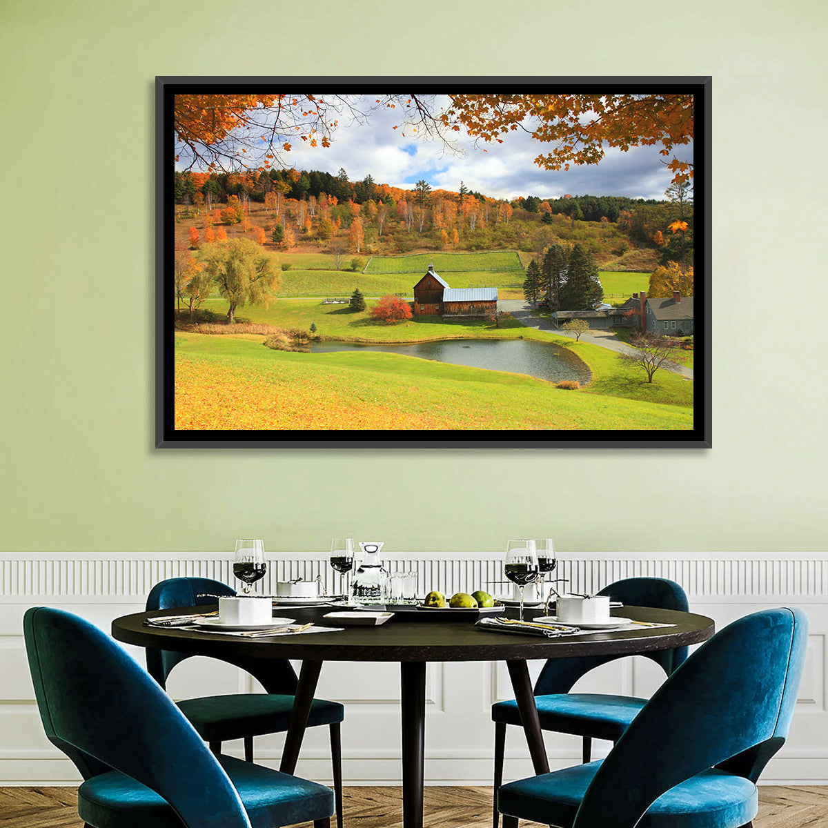 Vermont Barn by Pond Wall Art in a room, landscape