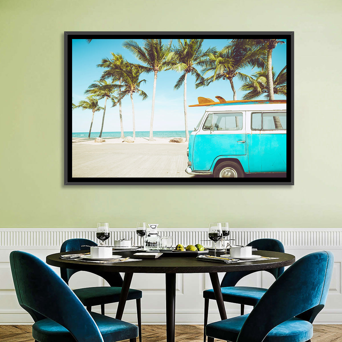 Vintage Vw Bus on Tropical Beach Wall Art in a room, landscape