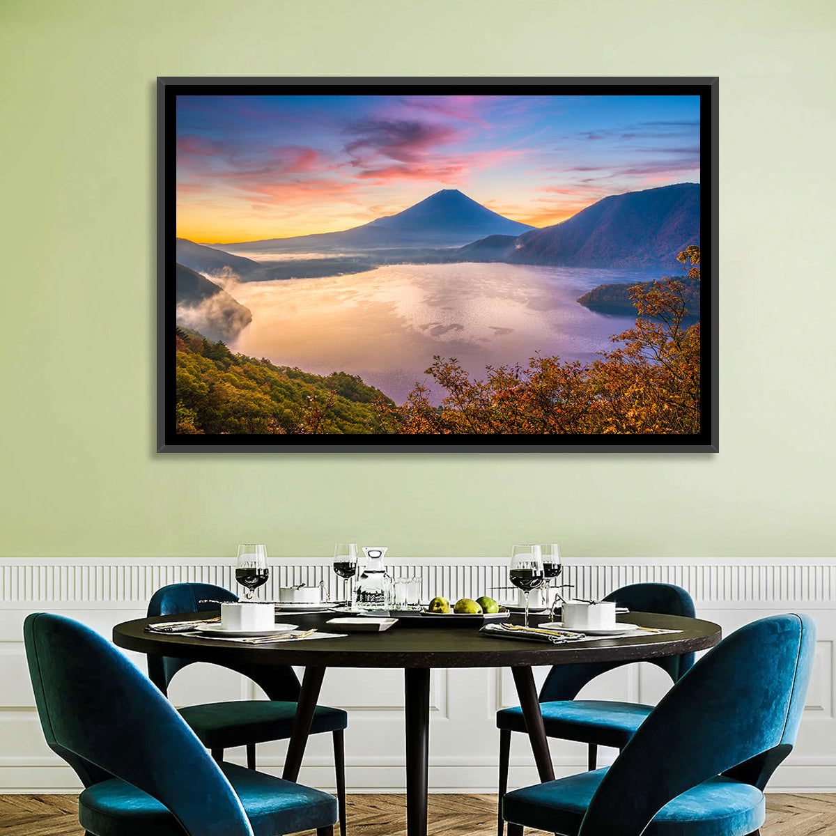Mount Fuji at Lake Motosu, Autumn Sunrise Wall Art in a room, landscape