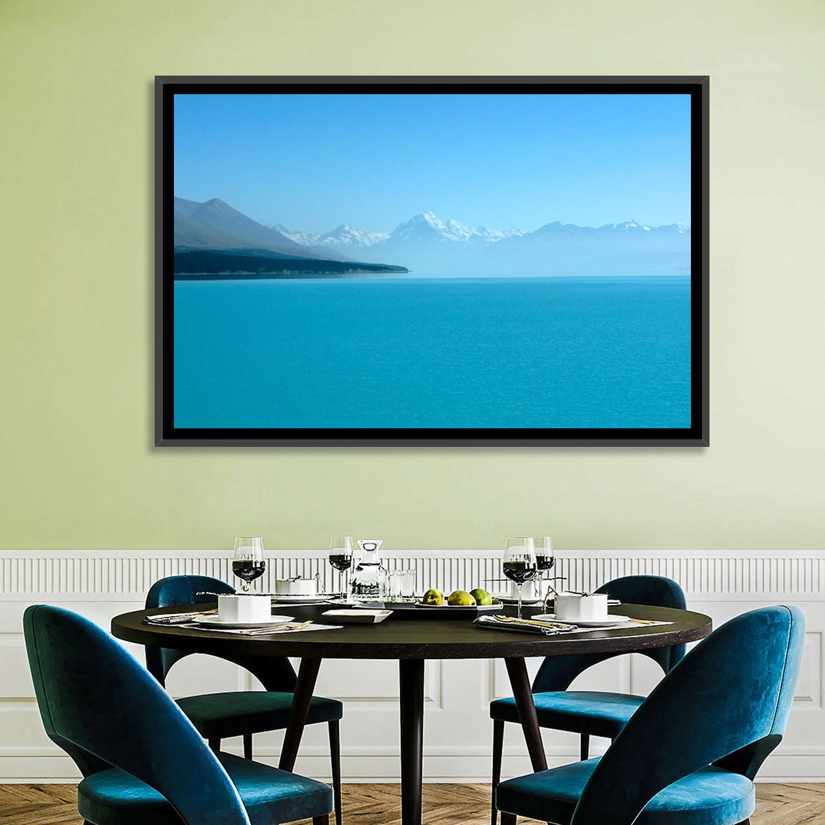 Turquoise Lake Pukaki View of Mount Cook Wall Art in a room, landscape