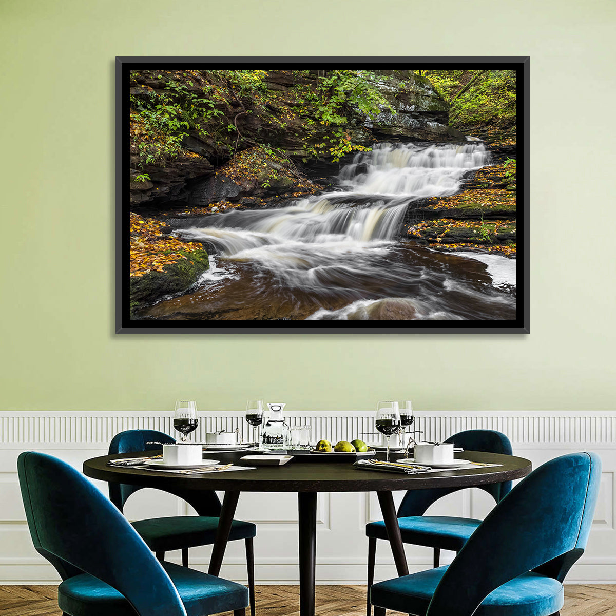 Cascading Autumn Waterfall Wall Art in a room, landscape