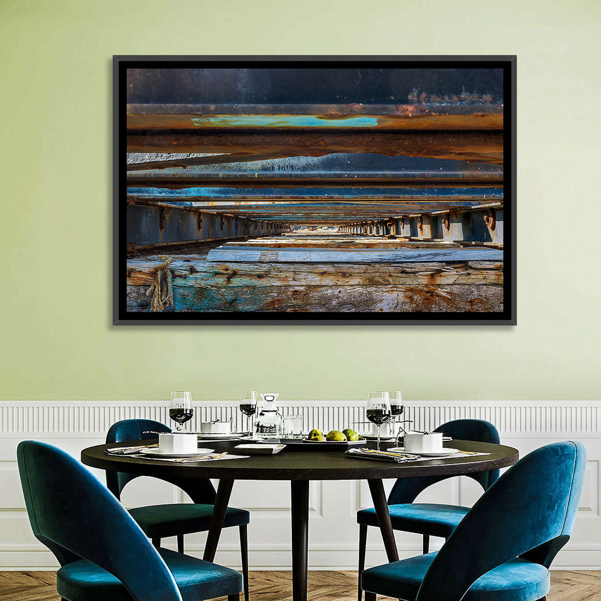 Weathered Dock Perspective Wall Art in a room, landscape