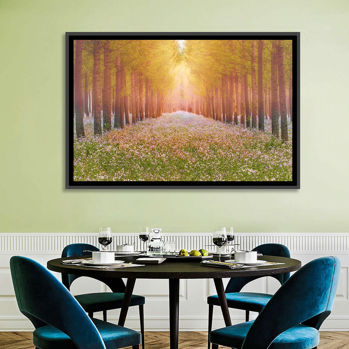 Golden Morning Forest Path Wall Art in a room, landscape