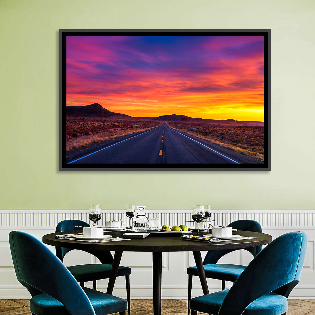 Infinite Desert Road Sunset Wall Art in a room, landscape