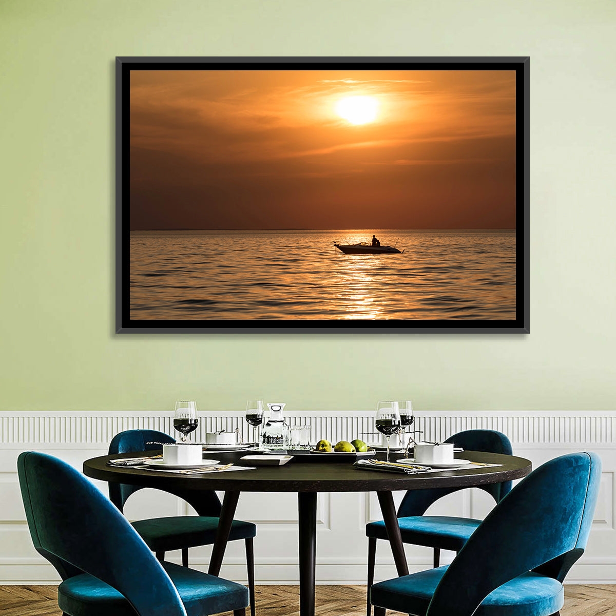 Mille Lacs Lake Sunset Wall Art in a room, landscape
