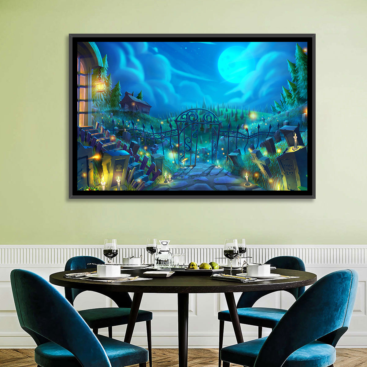 Halloween Cemetery Gate Illustration Wall Art in a room, landscape