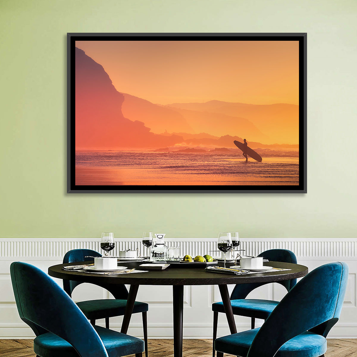 Surfer Silhouette at Golden Sunset Wall Art in a room, landscape