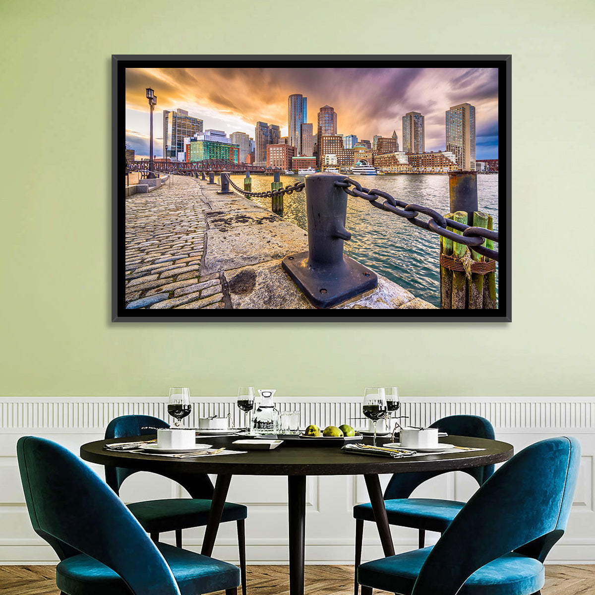 Boston Harbor at Dusk Wall Art in a room, landscape
