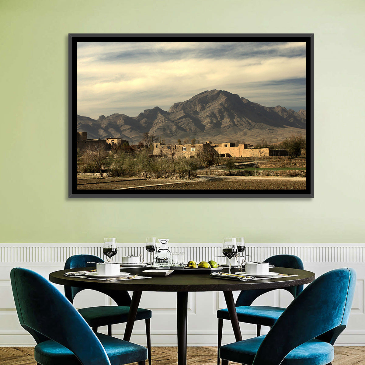 Afghan Mountain Village Wall Art in a room, landscape