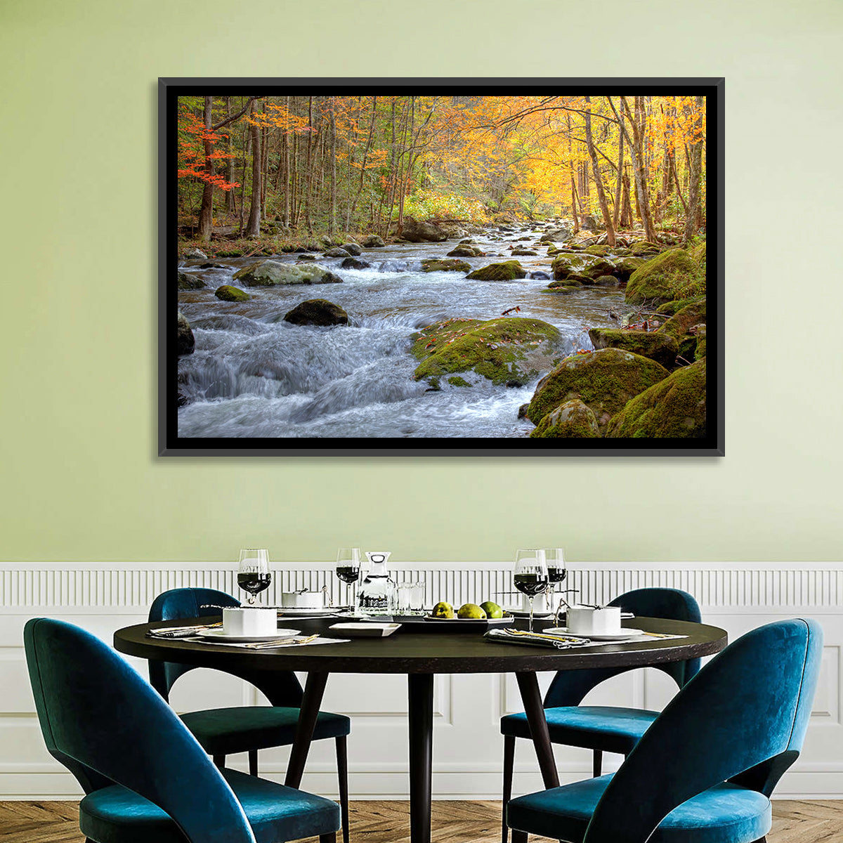 Autumn Mountain Stream Wall Art in a room, landscape