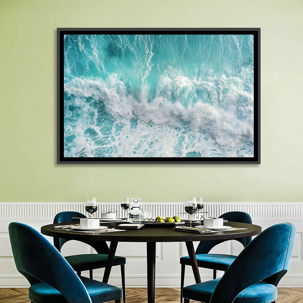 Top Down Turquoise Wave Wall Art in a room, landscape