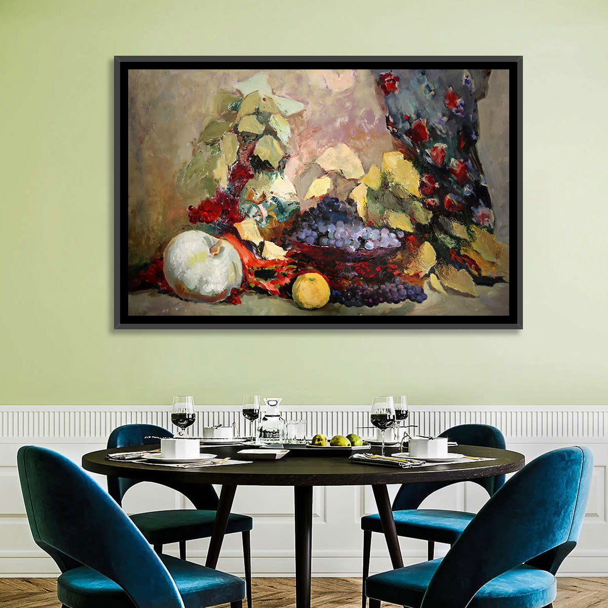 Grapes and Melon Still Life Wall Art in a room, landscape