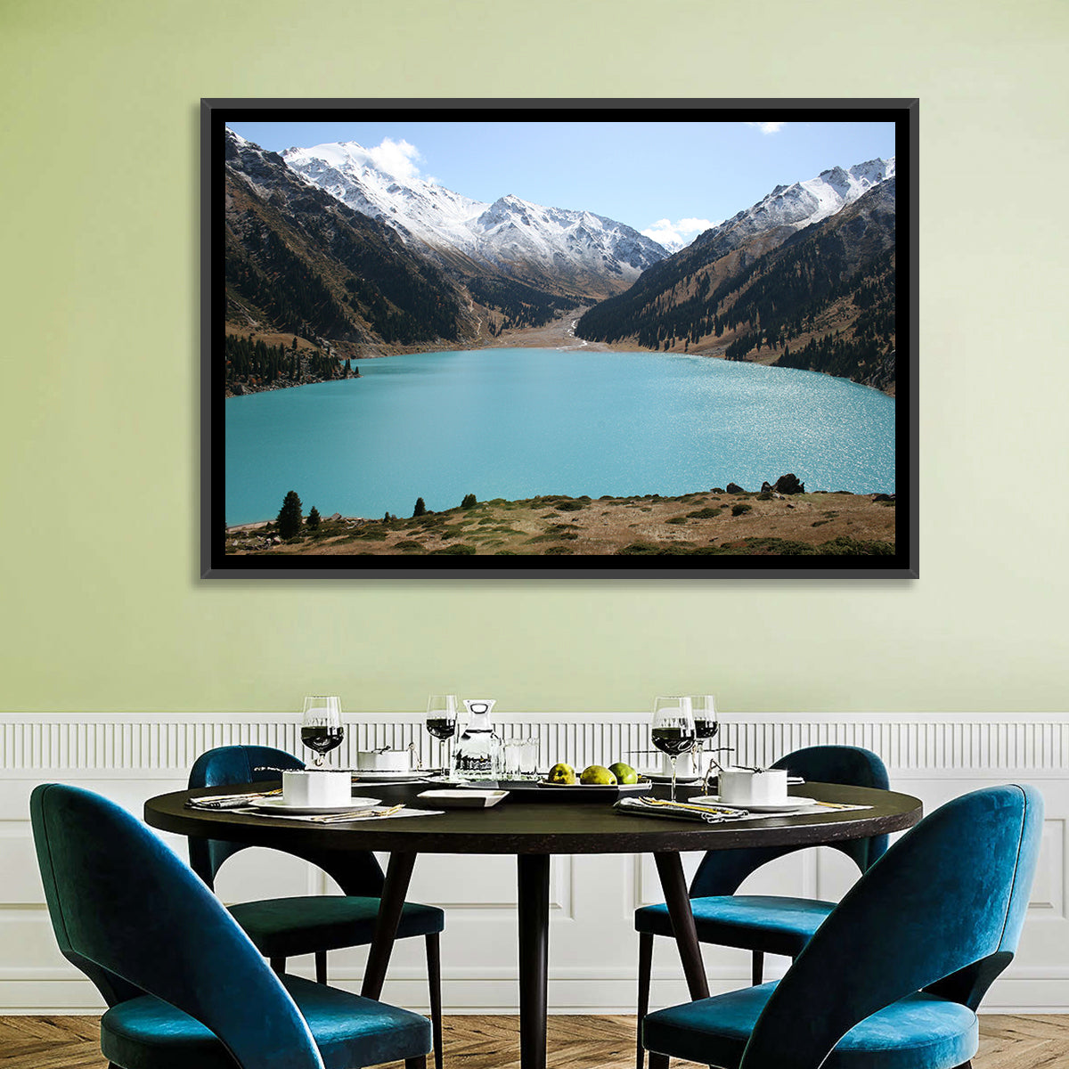 Big Almaty Lake Wall Art in a room, landscape