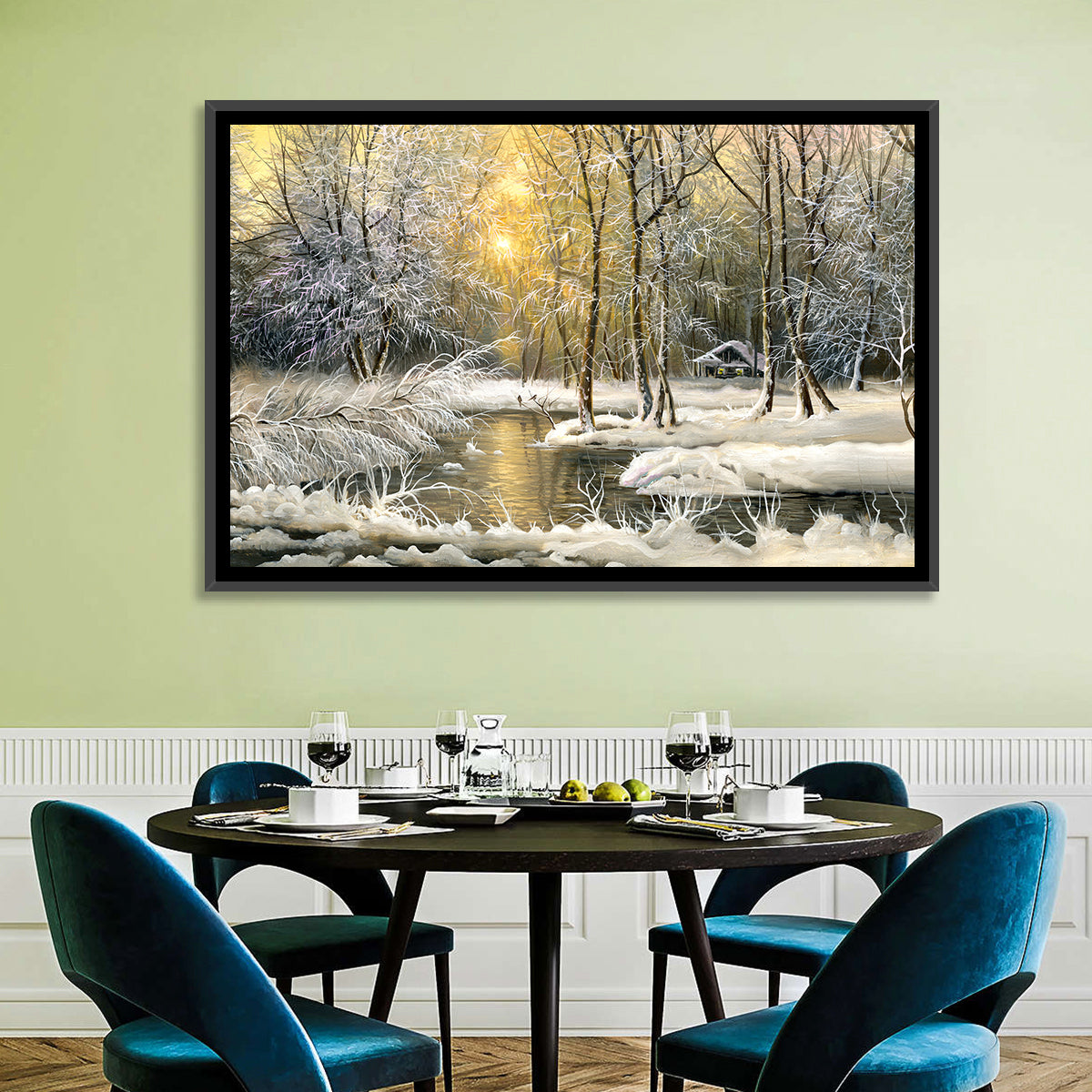 Sunlit Winter Cabin Wall Art in a room, landscape