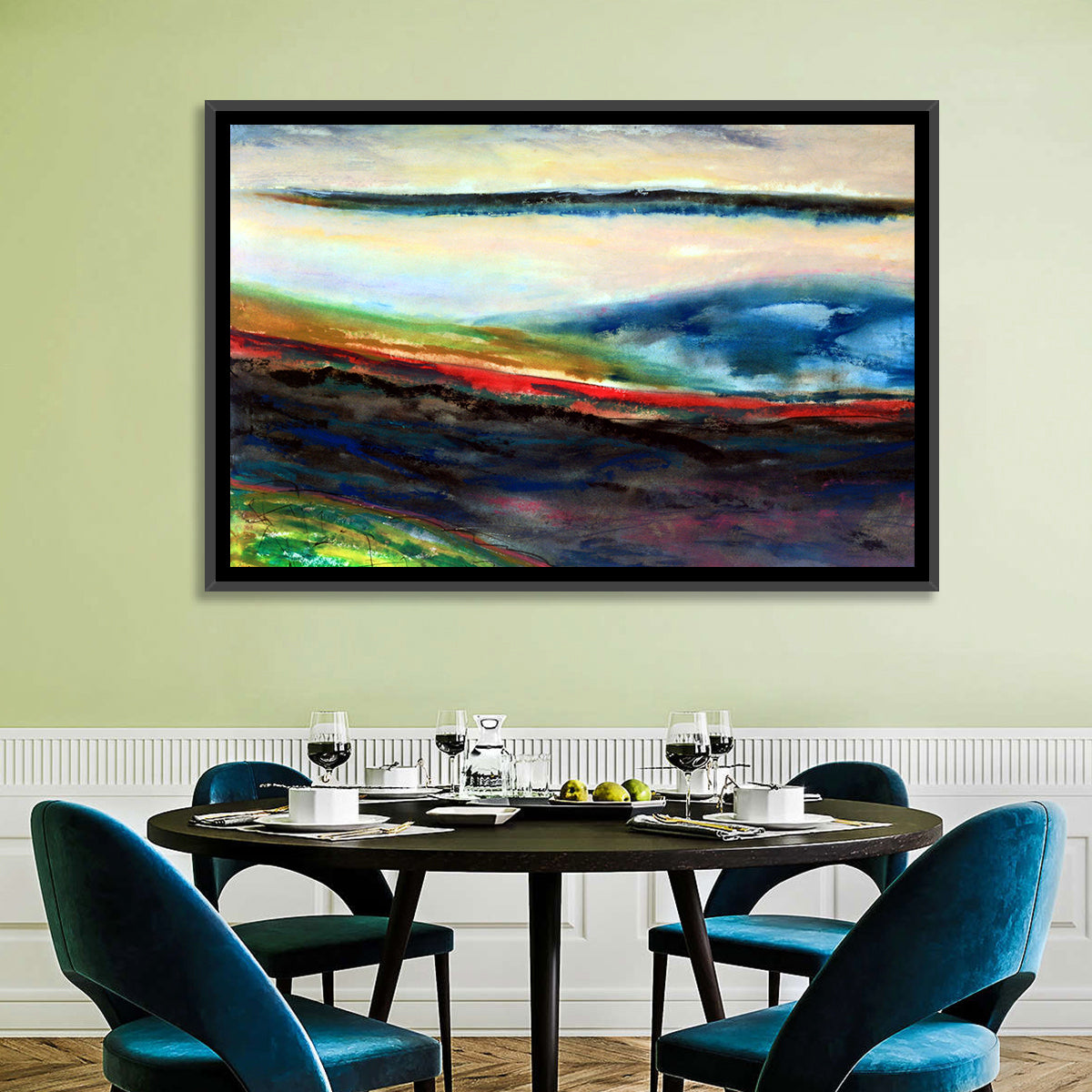 Moody Horizon Stripe Abstract Landscape Wall Art in a room, landscape