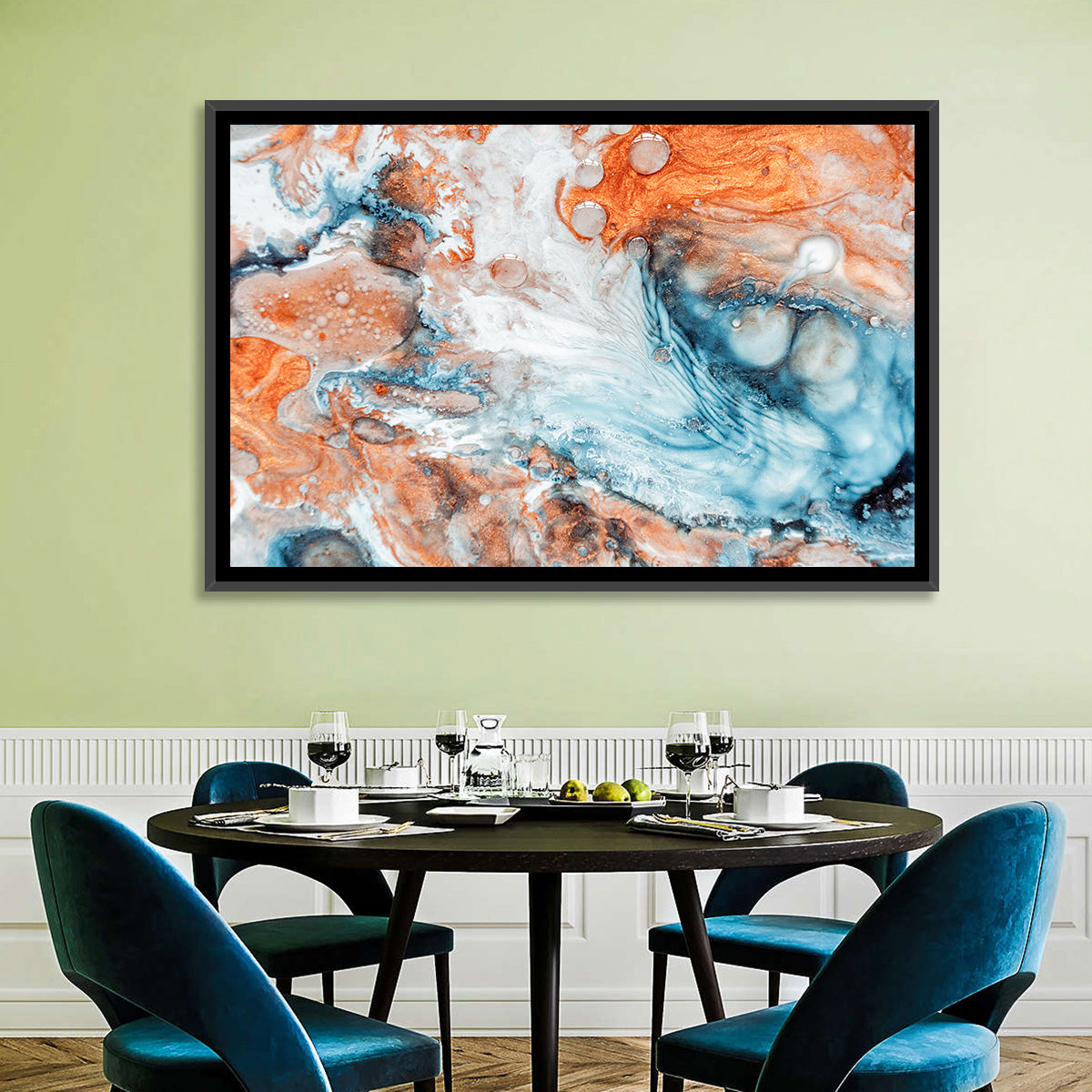 Copper Marble Fluid Abstract Wall Art in a room, landscape