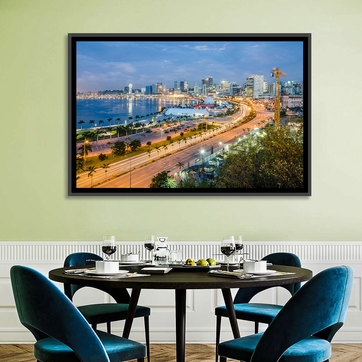 Luanda Bay Twilight Skyline Wall Art in a room, landscape
